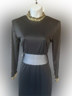 Vintage 70s Black Maxi Dress with Sheer Panel and Gold Sequin Trim